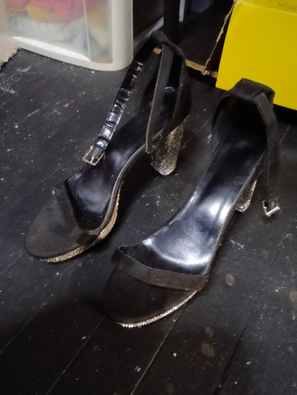 Elegant Black Ankle-Strap Heels with Rhinestone Accents